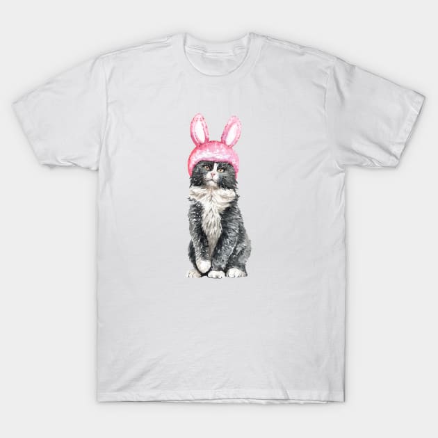 funny Watercolor Black & White Cat Wearing Rabbit Helmet T-Shirt by labatchino